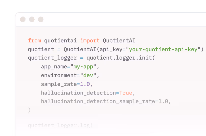 QuotientAI code snippet with API key, logger initialization, and app configuration settings.