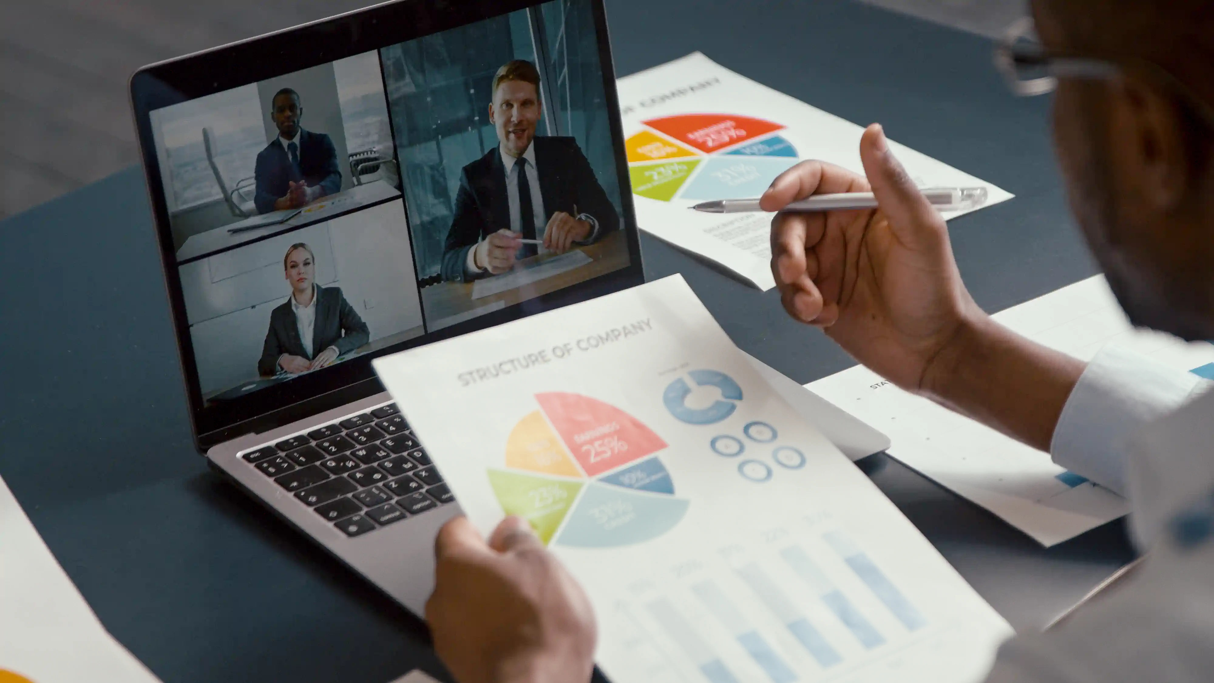 Person holding a company structure report with pie and bar charts during a virtual meeting on a laptop with three professionals in suits.
