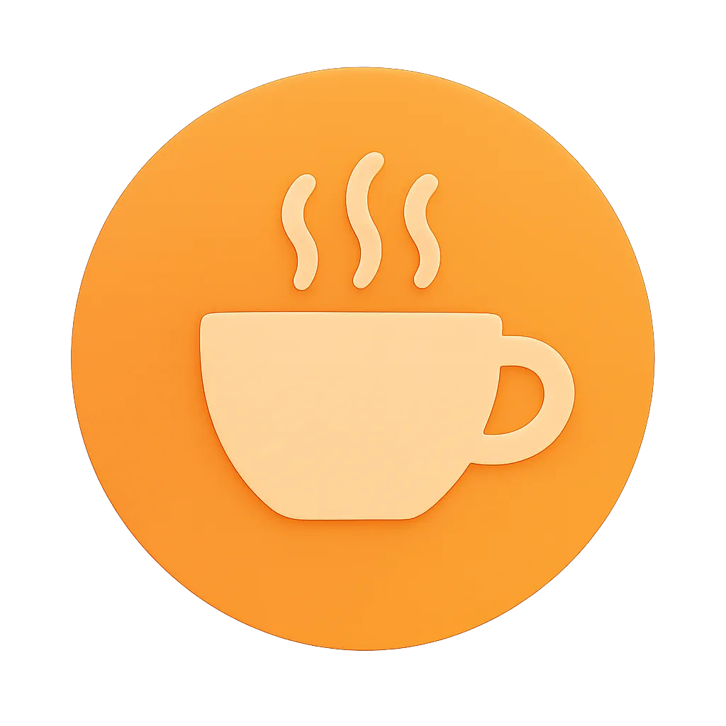 Icon of a steaming coffee cup on an orange circular background.