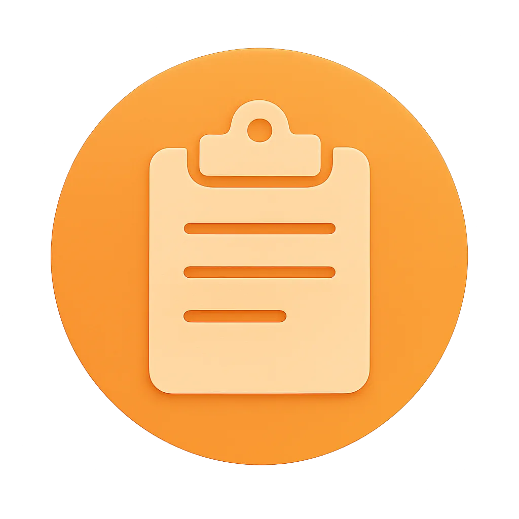 Clipboard icon with three horizontal lines on an orange circular background.