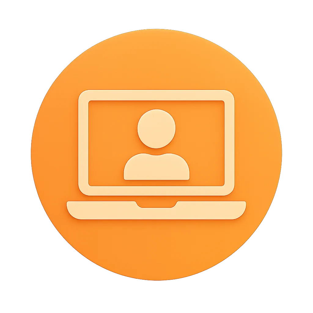 Icon of a laptop with a user profile silhouette on the screen inside an orange circle.