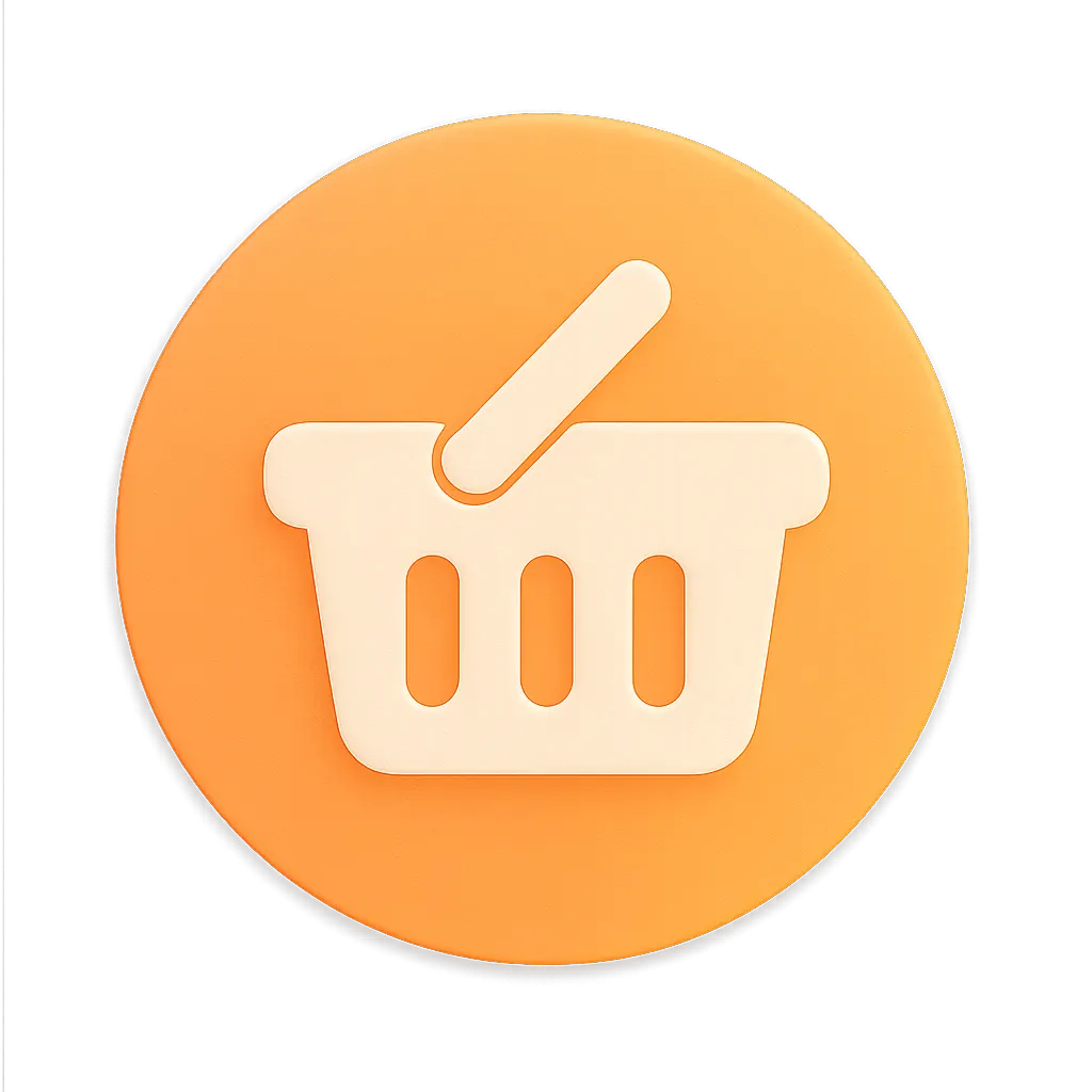 Beige shopping basket icon on an orange circular background.