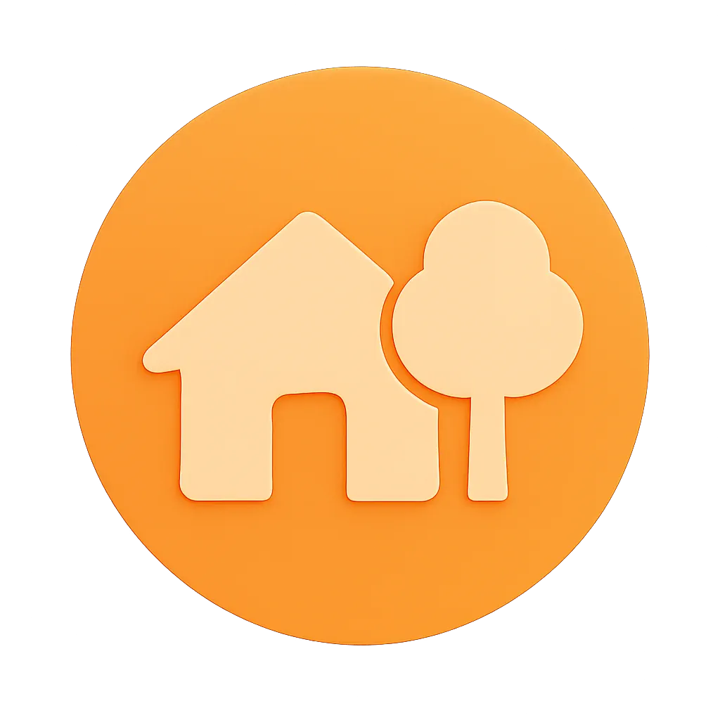 Icon of a house with a tree beside it on an orange circular background.