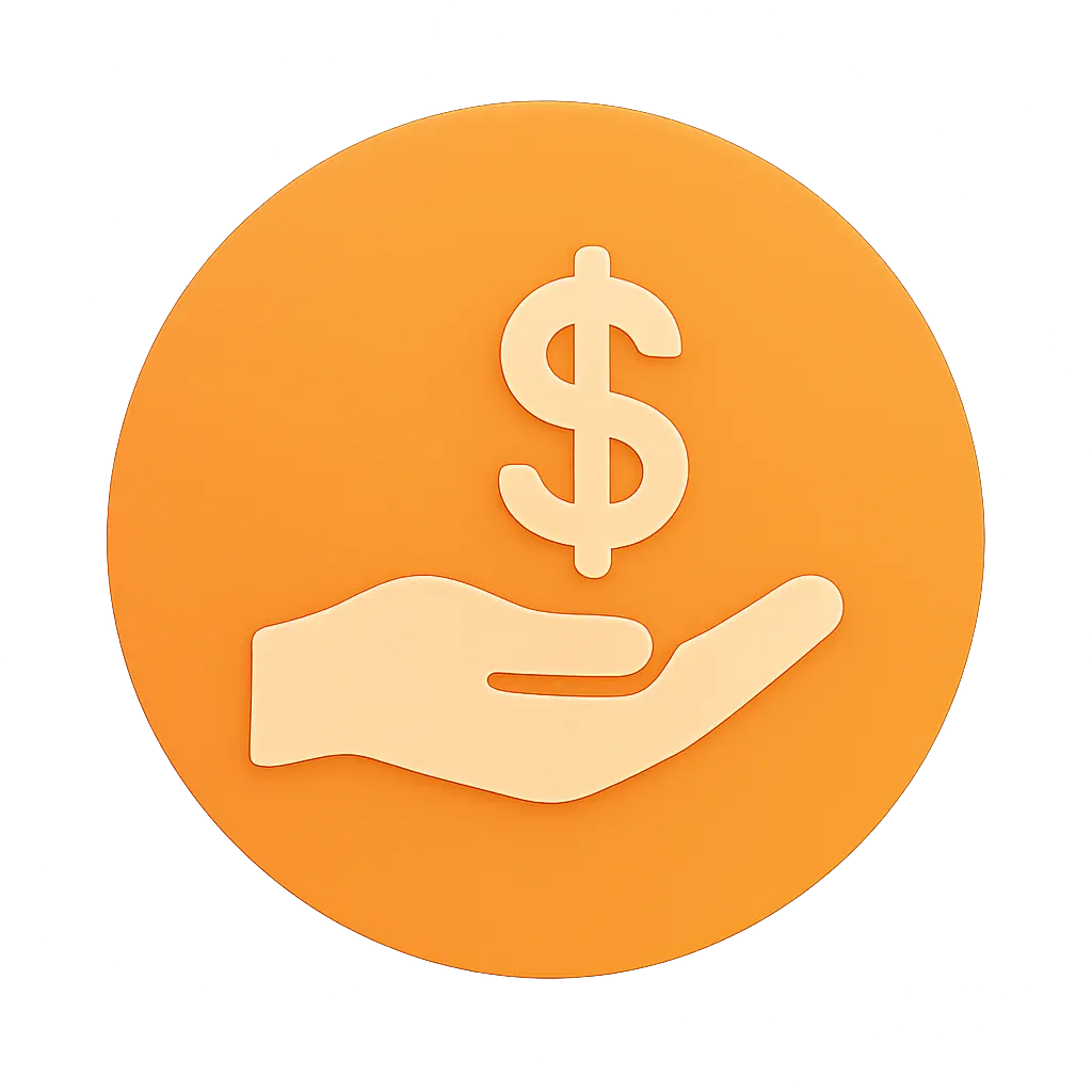 Illustration of an open hand with a dollar symbol floating above it on an orange circular background.
