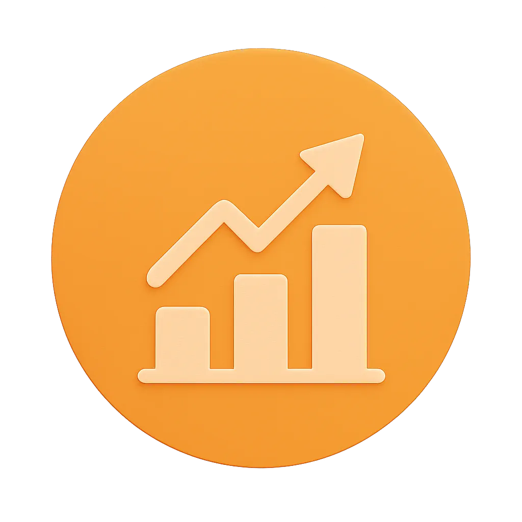 Orange circular icon with an ascending bar chart and upward arrow representing growth.