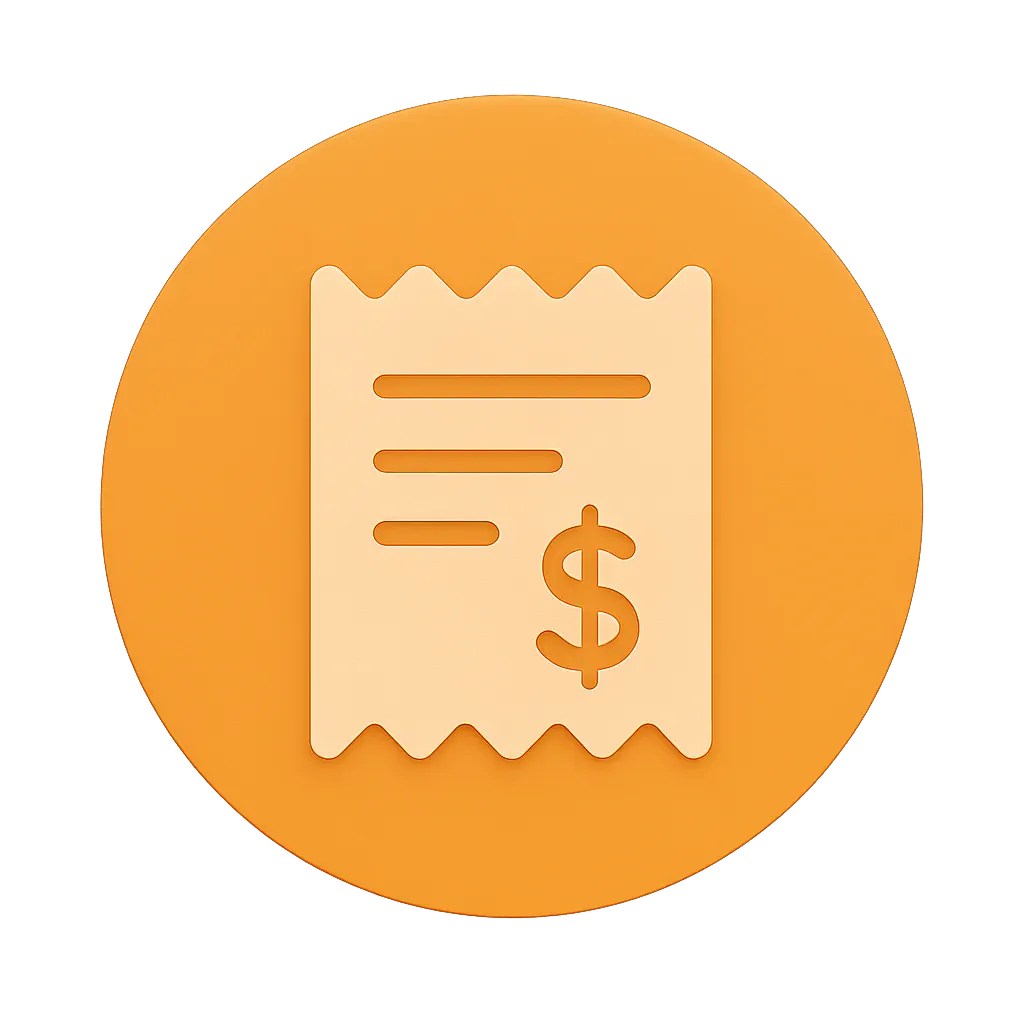 Icon of a receipt with a dollar sign on an orange circular background.
