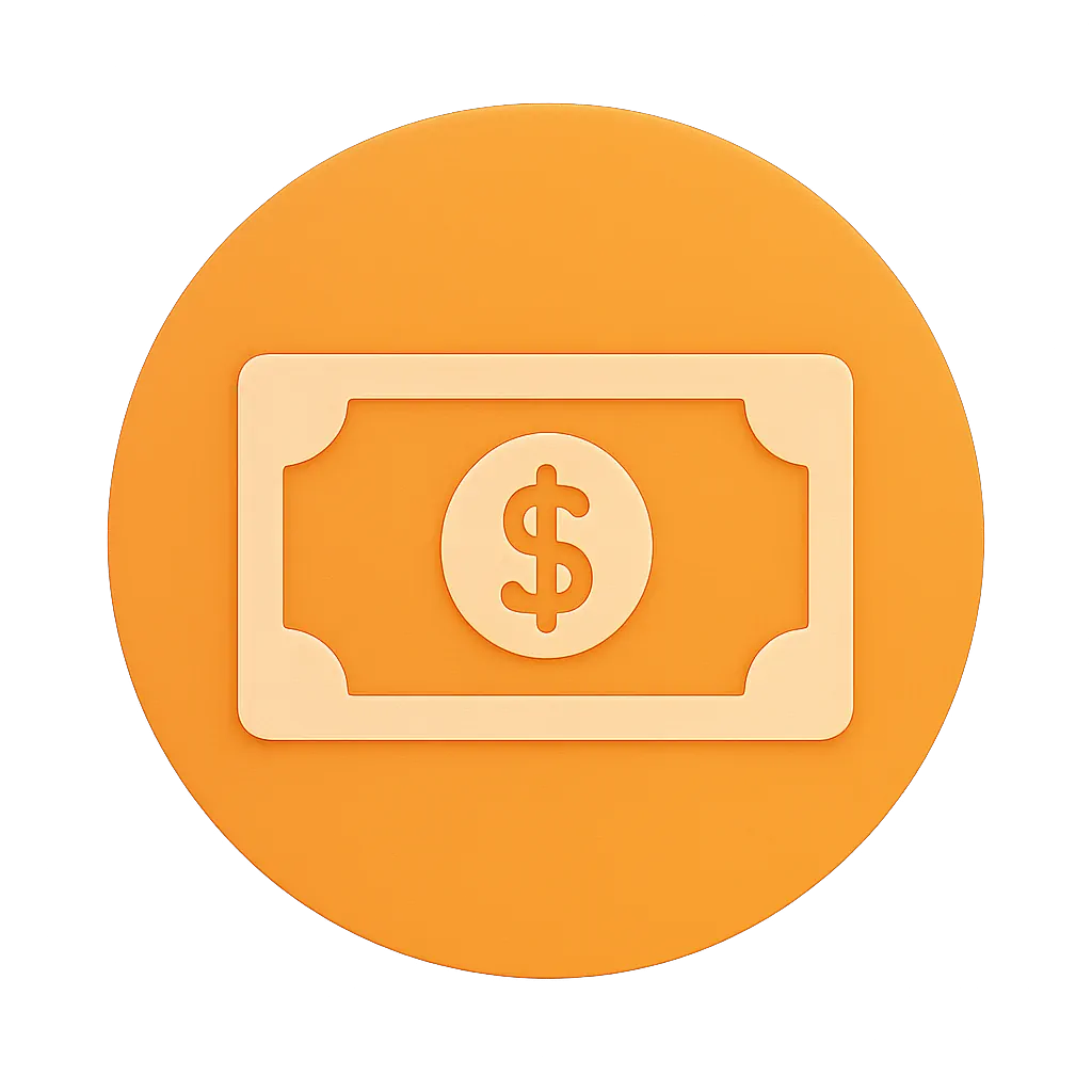 Icon of a stylized dollar bill with a dollar sign in the center on an orange circular background.