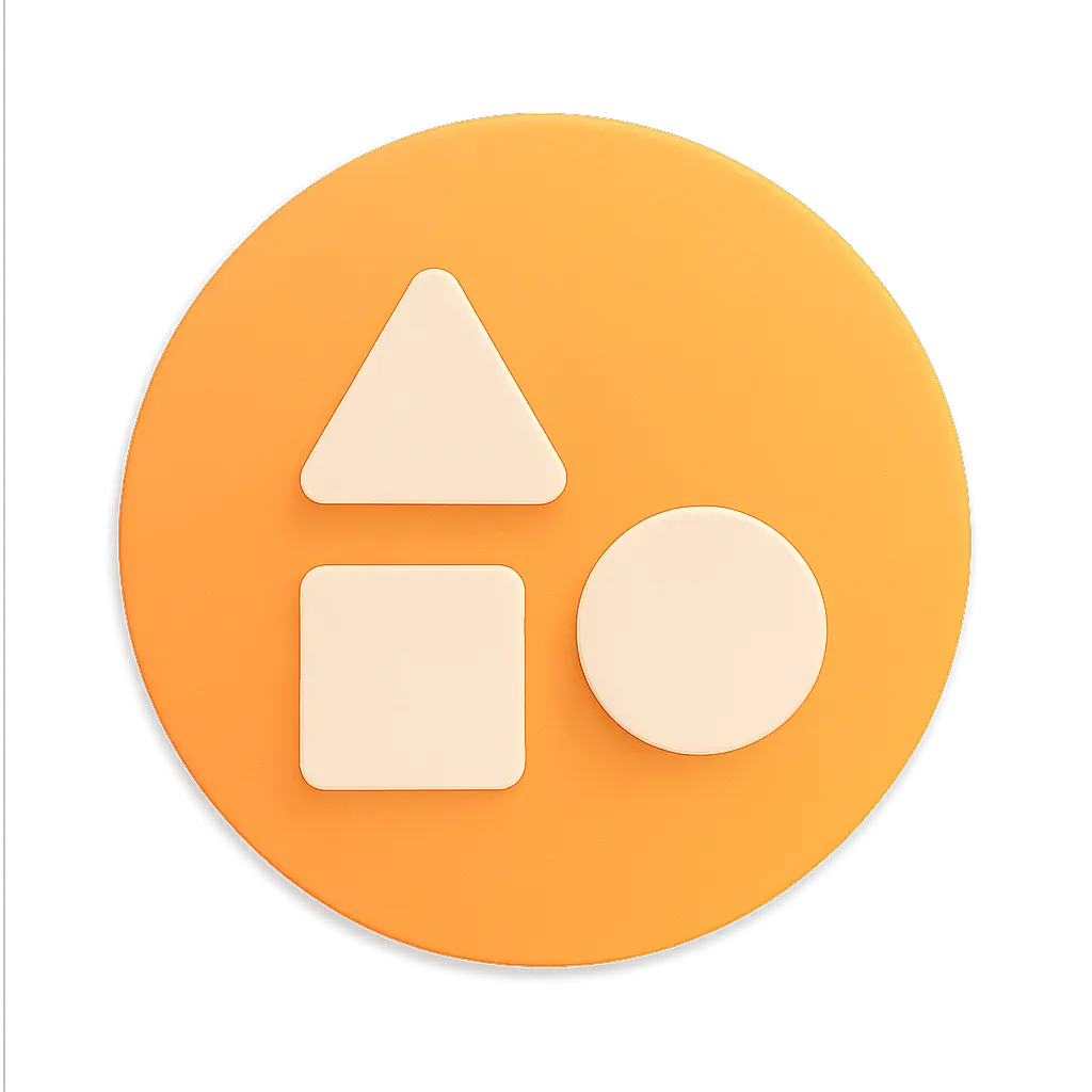 Orange circle containing three beige geometric shapes: a triangle on top, a square below it, and a circle to the right.