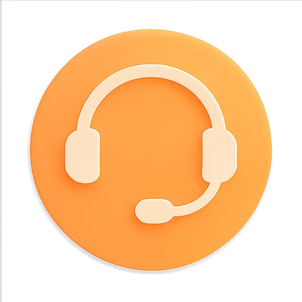 Beige headset with microphone icon on an orange circular background.