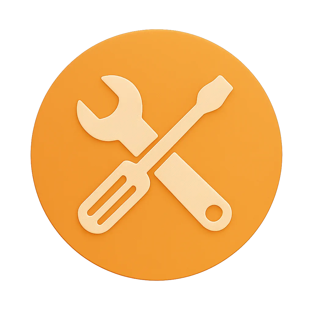 Orange circle with light orange crossed wrench and screwdriver icons inside.