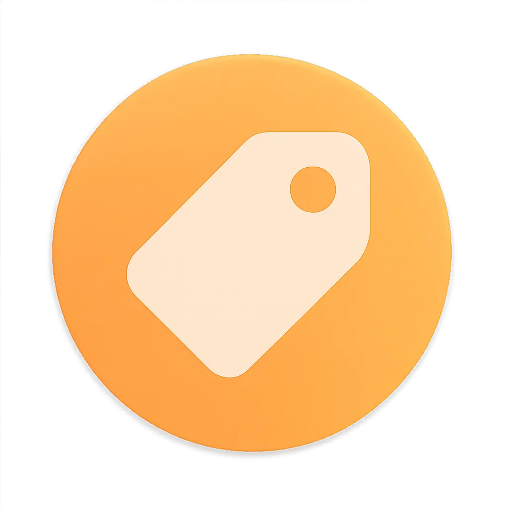 Simple price tag icon in light beige on an orange circular background.