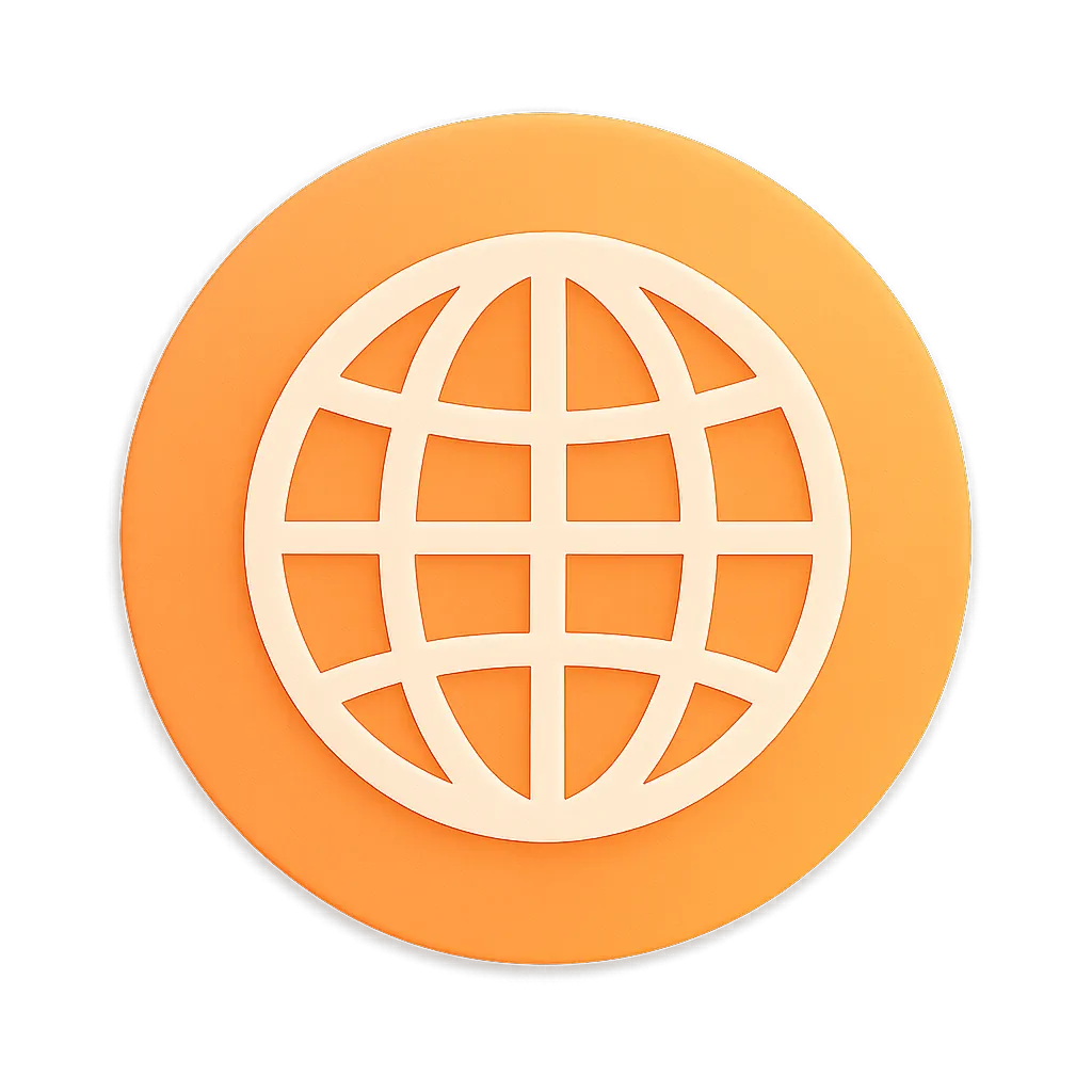 Orange circular icon with a white globe grid symbol representing the internet or global network.