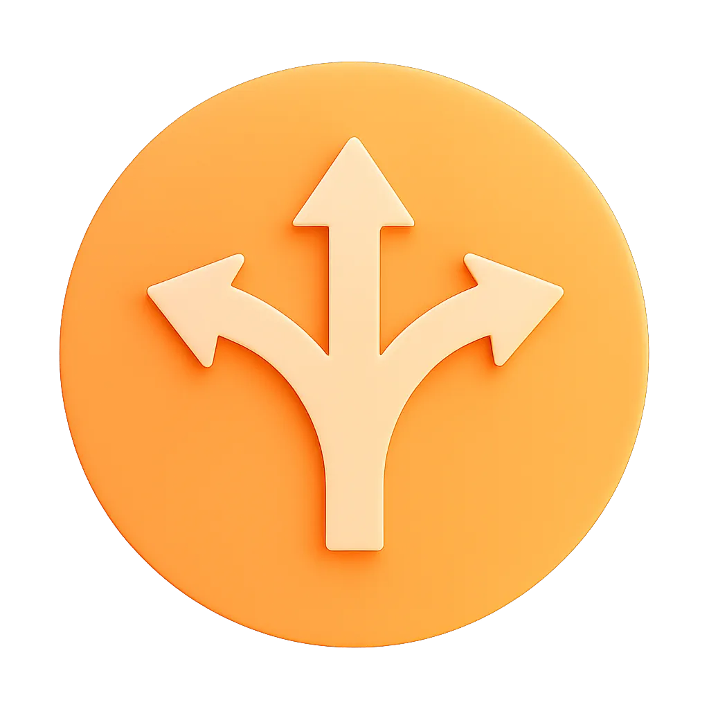 Orange circular icon with a cream-colored three-way arrow pointing left, up, and right.