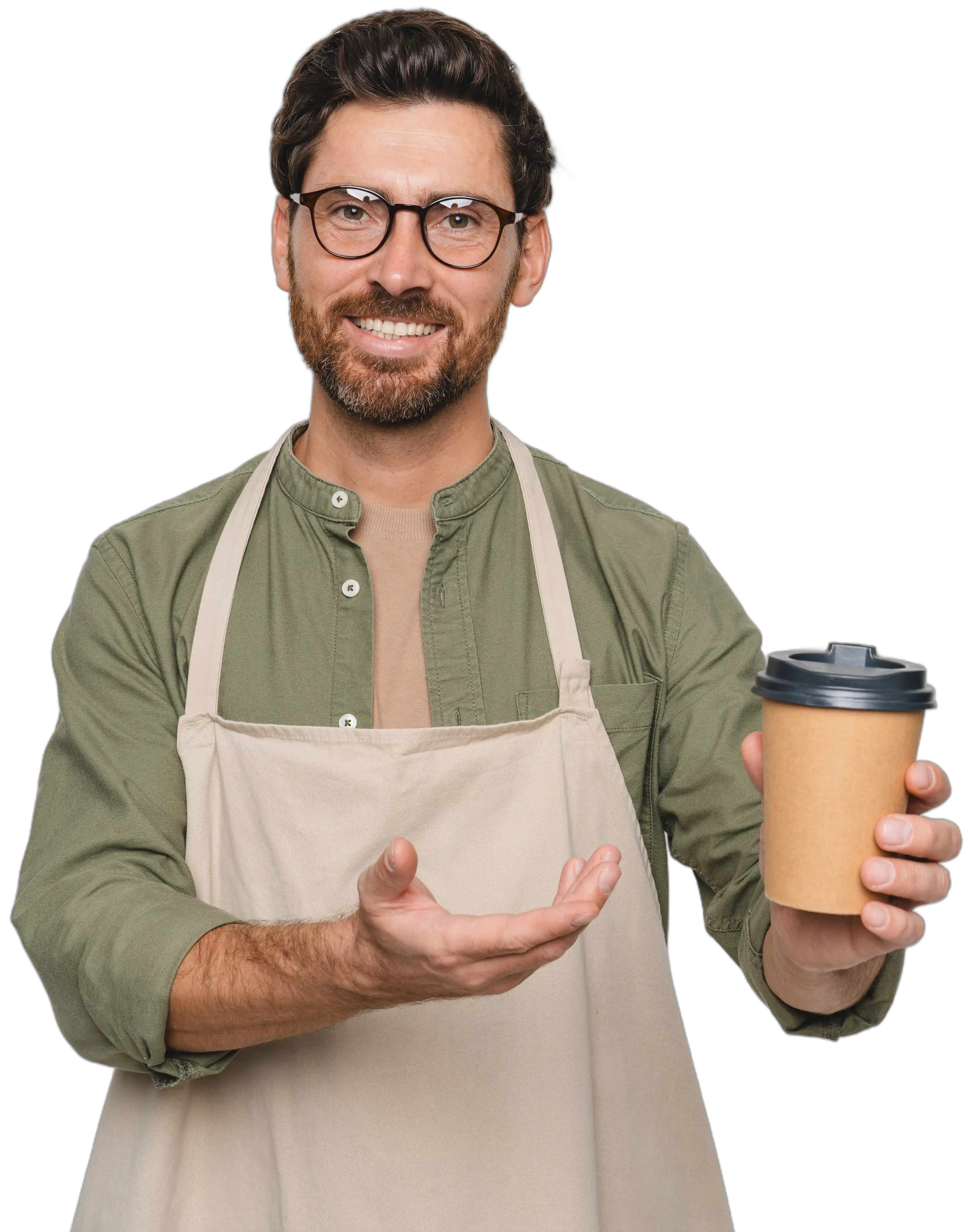 Smiling man wearing glasses, green shirt, and beige apron holding a disposable coffee cup.