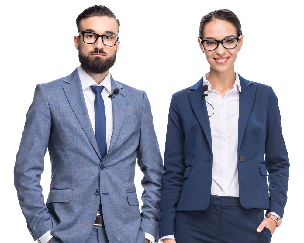 Two business professionals wearing glasses and suits with clipped microphones, standing side by side on a white background.