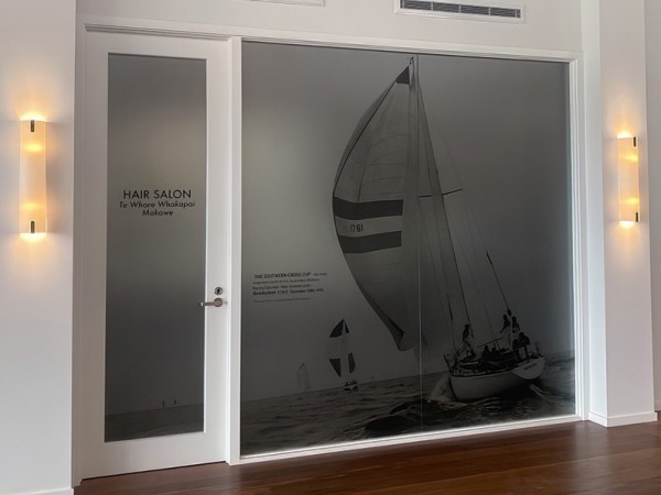 Image of yacht printed on frosted window film with latex ink