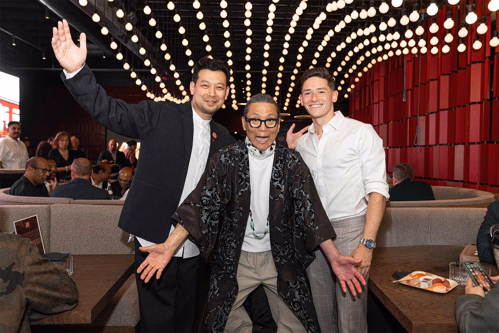 Chef Morimoto, Luck Sarabhayavanija, and Tyler Scher at MM By Morimoto