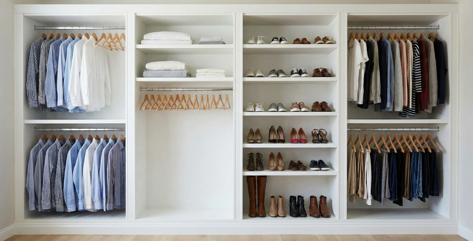A basic custom closet with shelving and hanging rods