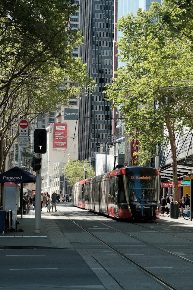 Modern light rail tram travelling through a city street lined with buildings and trees