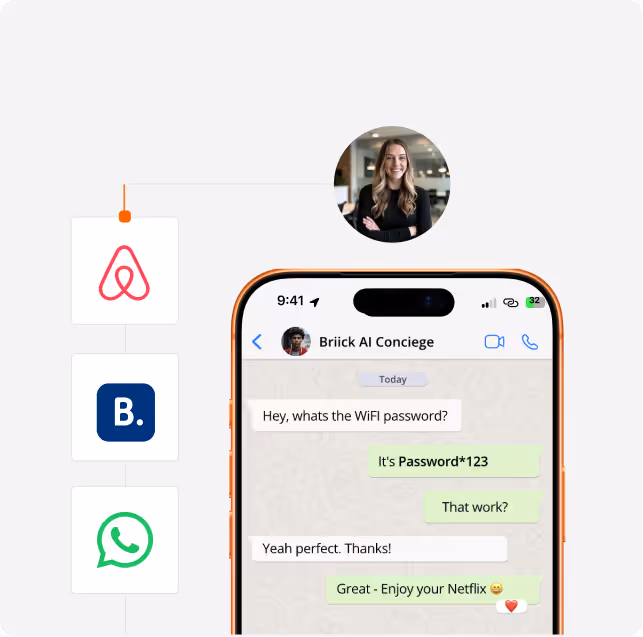 Smartphone screen showing a chat conversation with Briick AI Concierge about the WiFi password, alongside icons for Airbnb, Booking.com, and WhatsApp, and a smiling woman’s profile picture above.