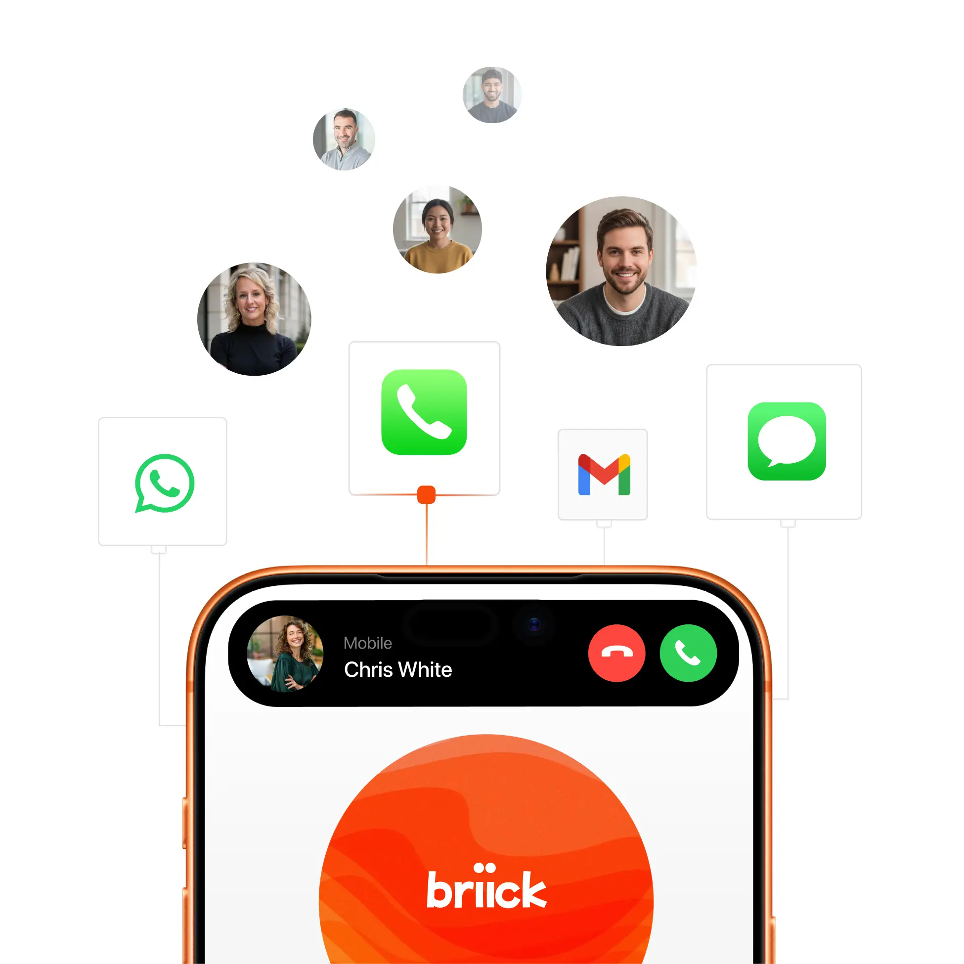 Smartphone screen showing an incoming call from Chris White with options to answer or decline, surrounded by icons of WhatsApp, phone, Gmail, and Messages apps and profile pictures of five people.