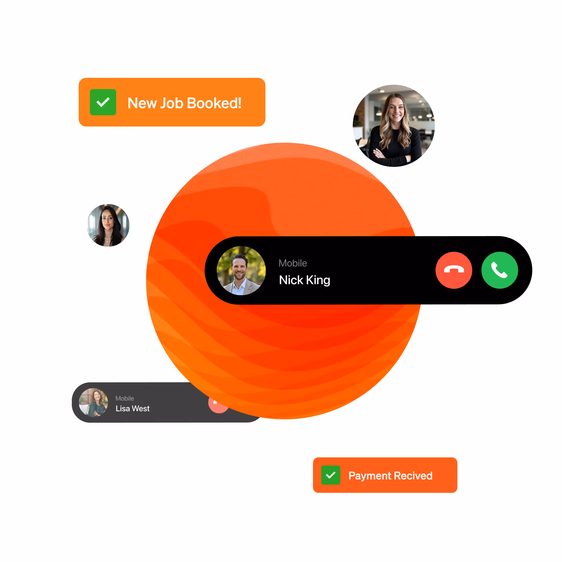 Interface showing a mobile call from Nick King with accept and decline buttons, profile pictures of two women, and orange notifications stating New Job Booked and Payment Received.