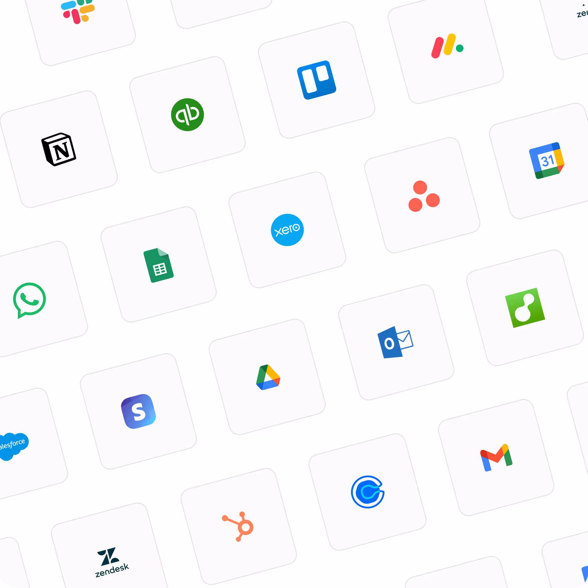 Grid of various popular app and software logos including Slack, QuickBooks, Trello, Monday.com, Notion, Google Sheets, Xero, Asana, Google Calendar, WhatsApp, Google Drive, Outlook, Salesforce, Skype, HubSpot, Zendesk, Gmail, and others on a white background.