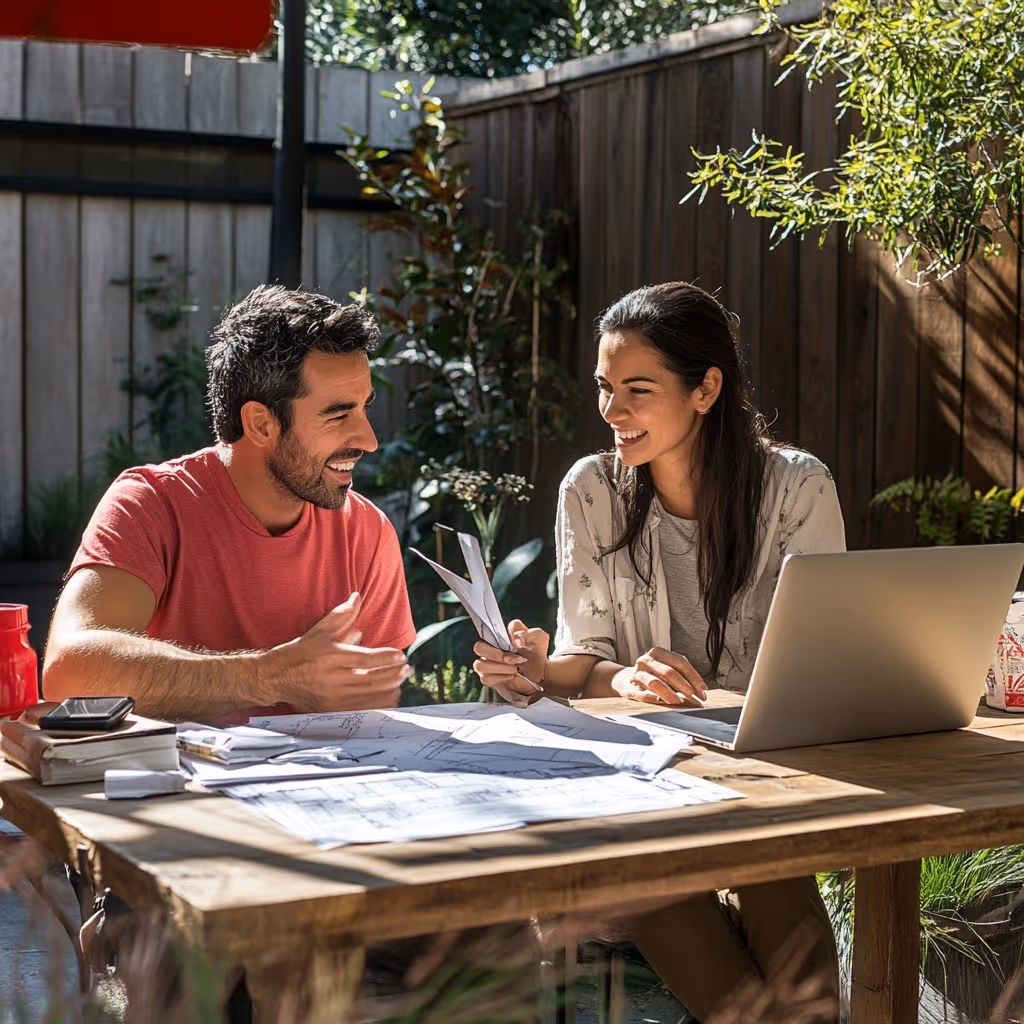 Man and woman sitting at a wooden table outdoors, reviewing papers and smiling with a laptop nearby.