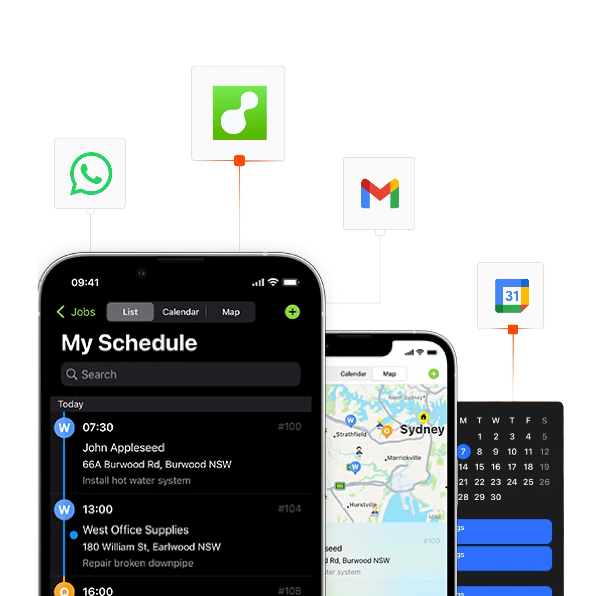 Smartphone screens showing a job scheduling app with a list of tasks, map view of Sydney, and a calendar, connected to WhatsApp, Gmail, and Google Calendar icons.