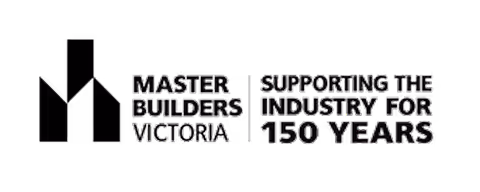 Black logo with an abstract building shape and text reading 'Master Builders Victoria. Supporting the industry for 150 years.'