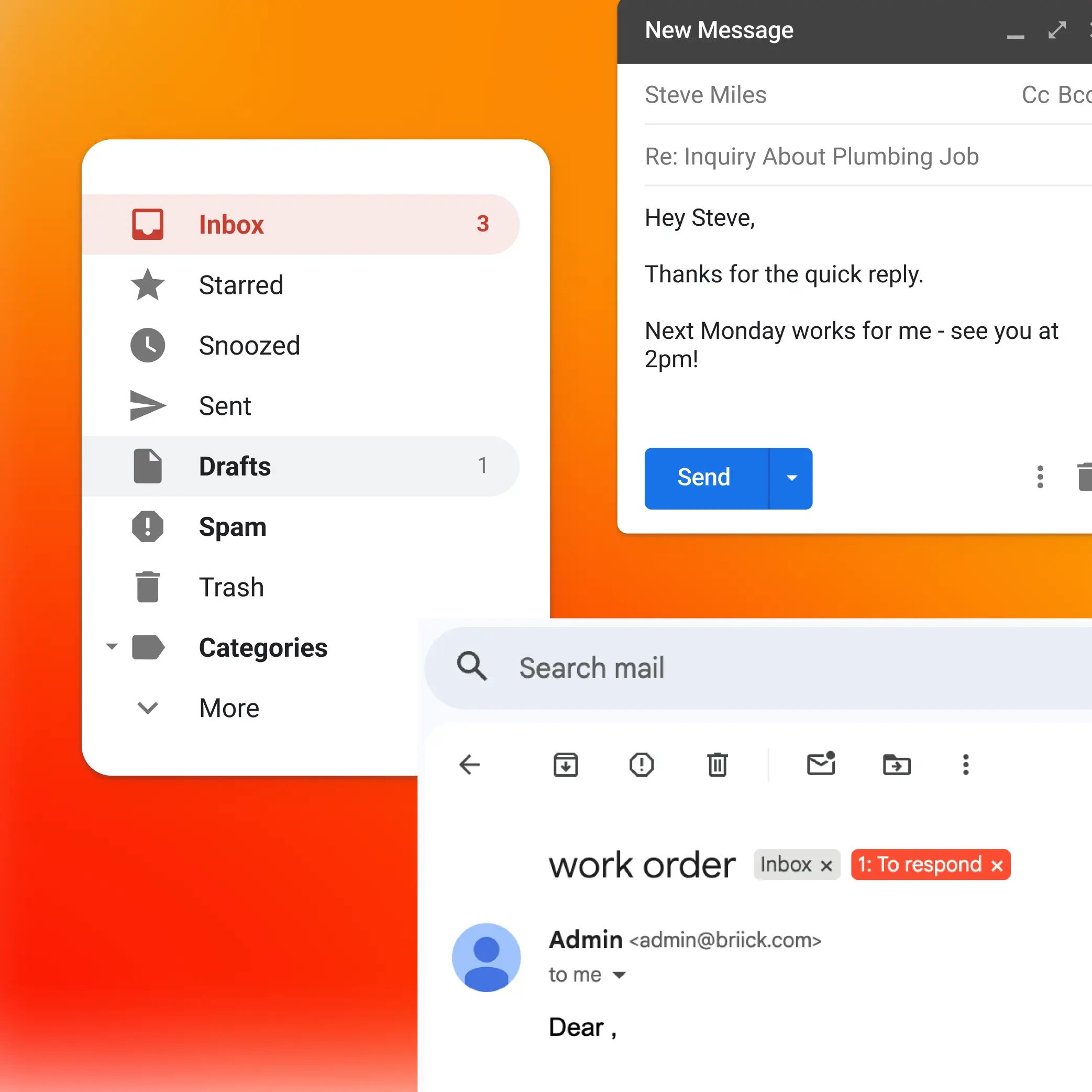Email inbox interface showing folders like Inbox, Starred, Drafts, and Spam, with an open message replying about a plumbing job meeting at 2pm.