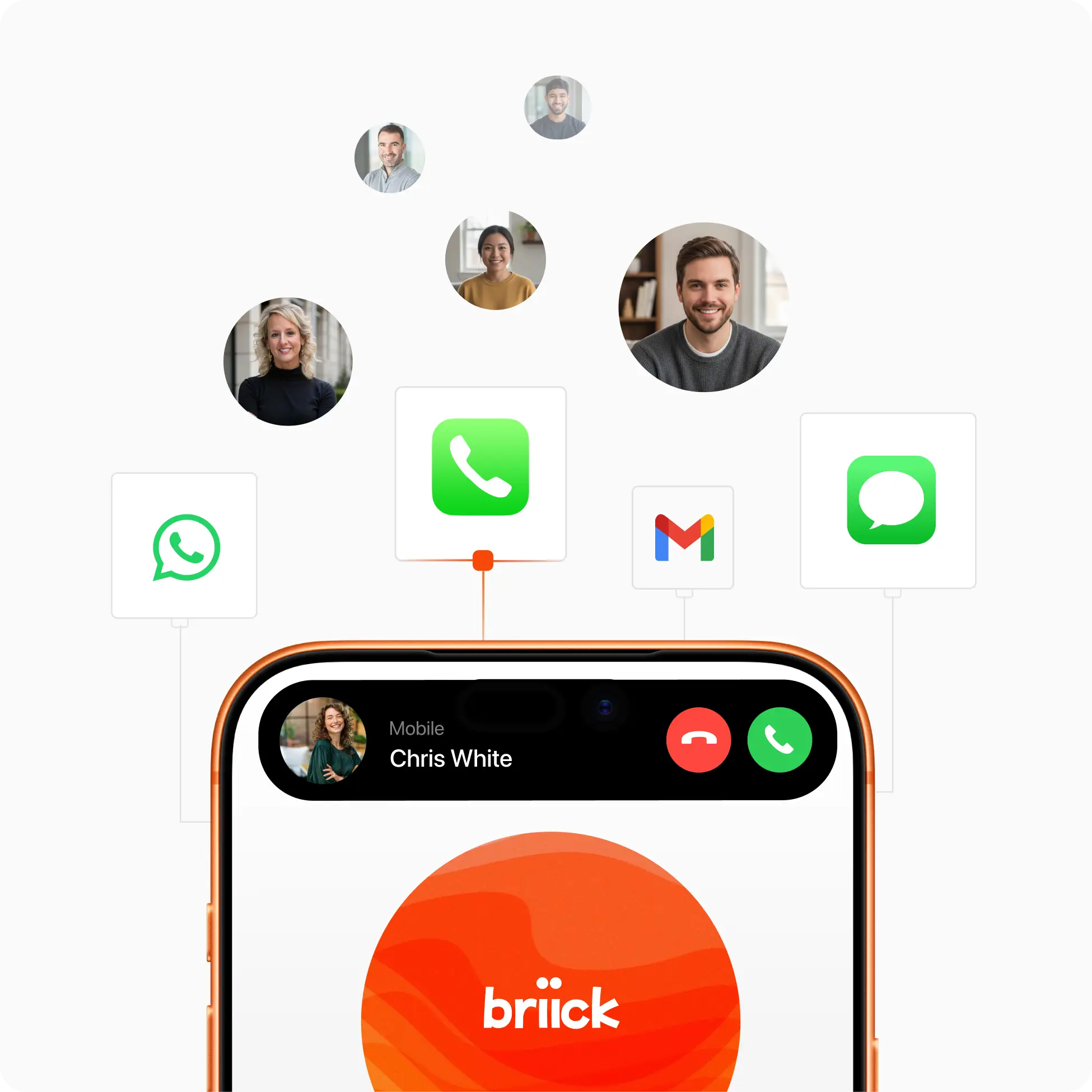 Smartphone screen showing an incoming call from Chris White with call control buttons, surrounded by floating contact photos and messaging app icons including WhatsApp, Phone, Gmail, and Messages.