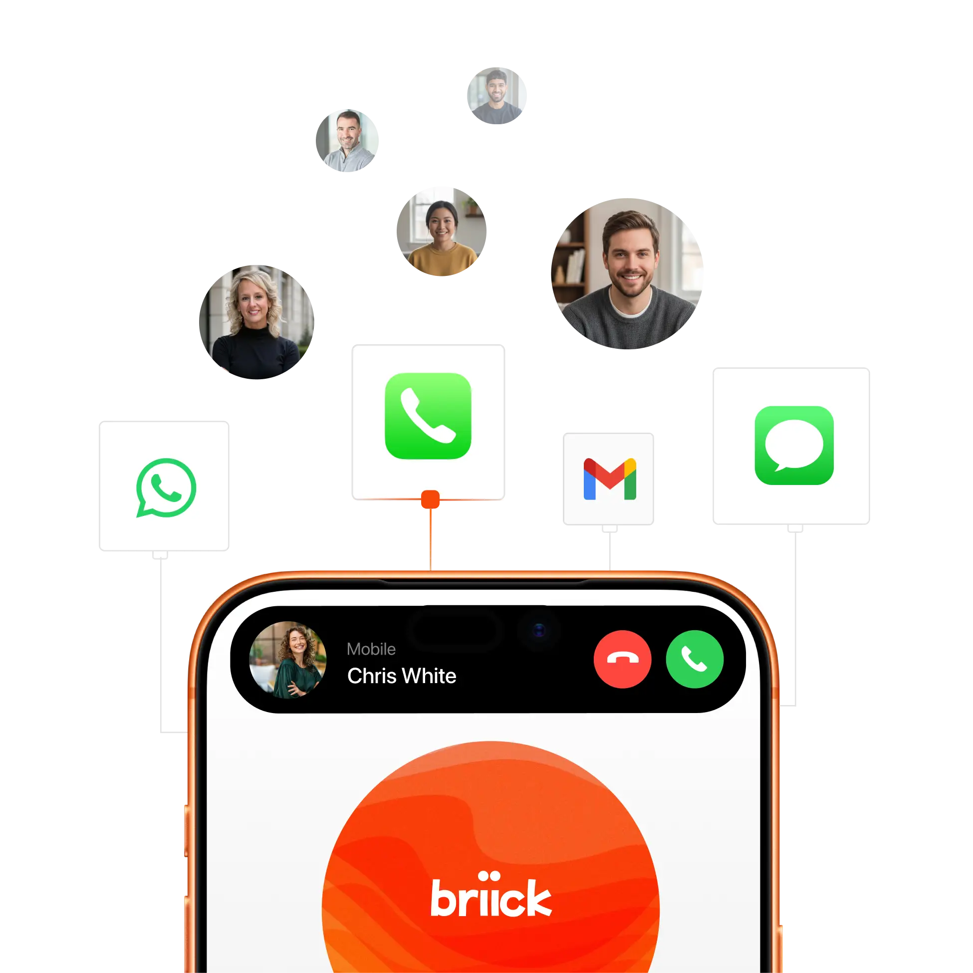 Smartphone screen showing incoming call from Chris White with profile photo, connected to icons for WhatsApp, phone, Gmail, and messaging apps and floating profile images of six diverse people.