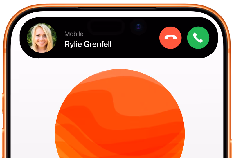 Smartphone screen showing an incoming call from Rylie Grenfell with red hang-up and green answer buttons.