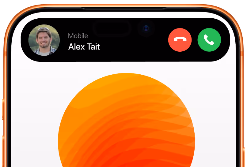 iPhone screen showing incoming call from Alex Tait with red decline and green answer buttons.