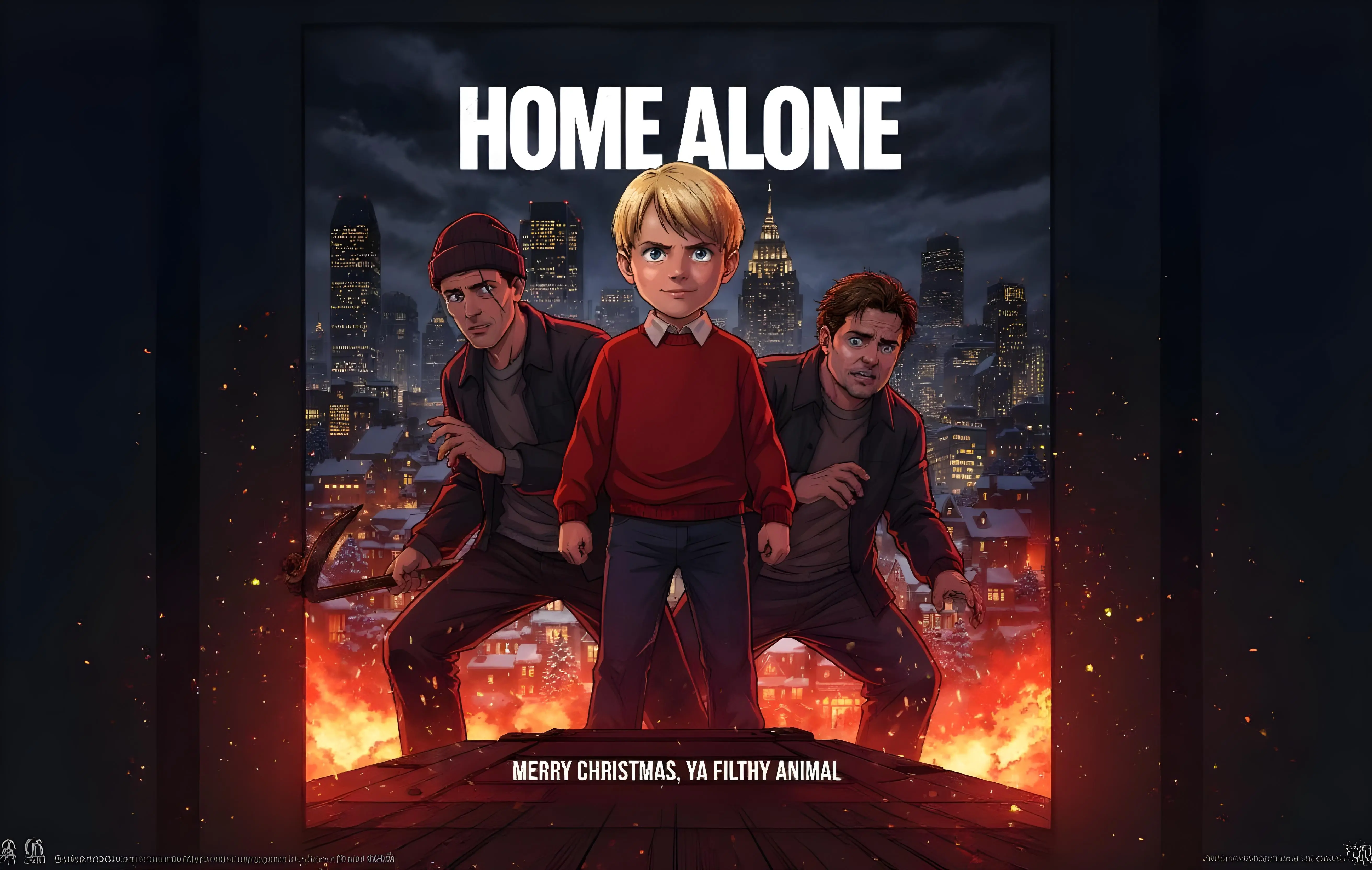 Animated poster of Home Alone featuring a determined boy in a red sweater with two men behind him in a cityscape with fire and snow.