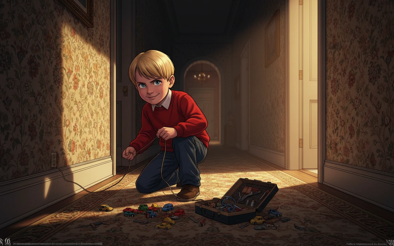 Young boy with blonde hair wearing a red sweater playing with toy cars and a toolbox on a carpeted hallway floor lit by sunlight.