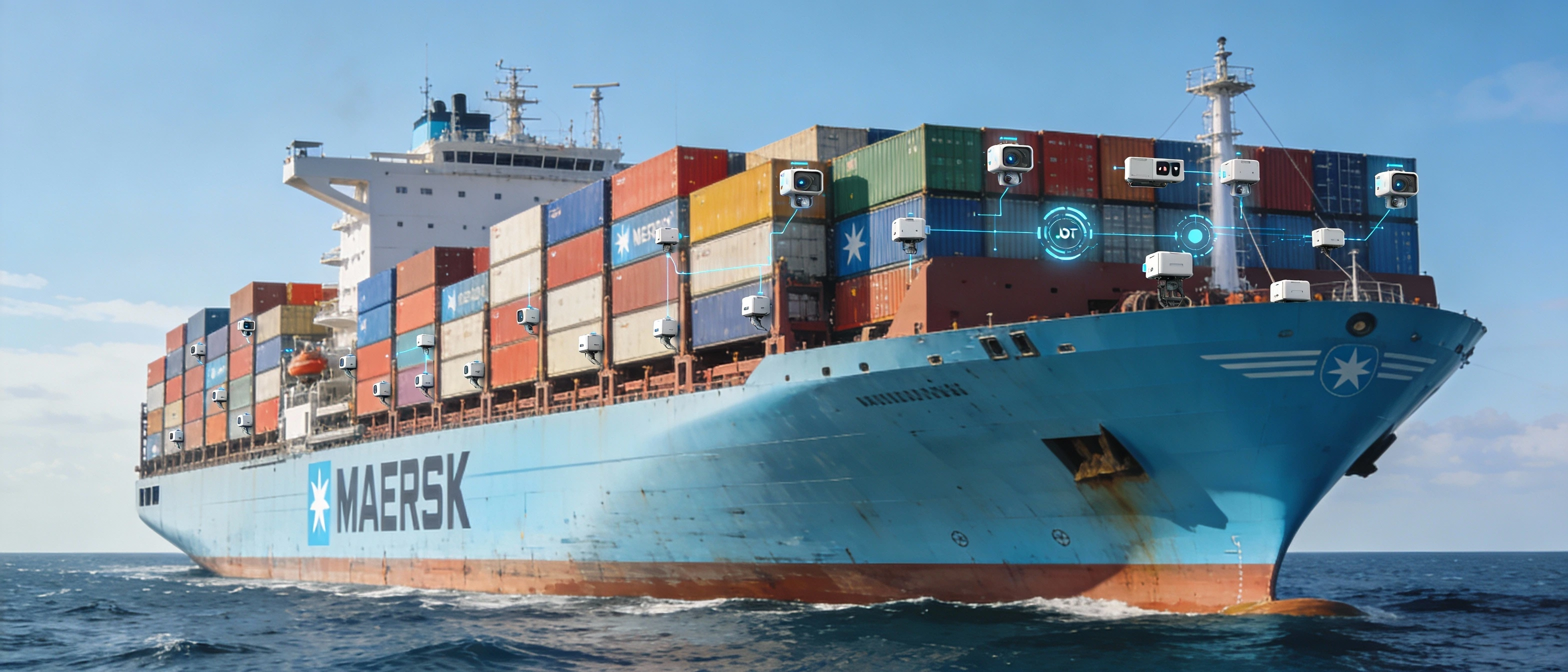 "Maersk blue container ship at sea loaded with stacked multicolored shipping containers under clear skies."
