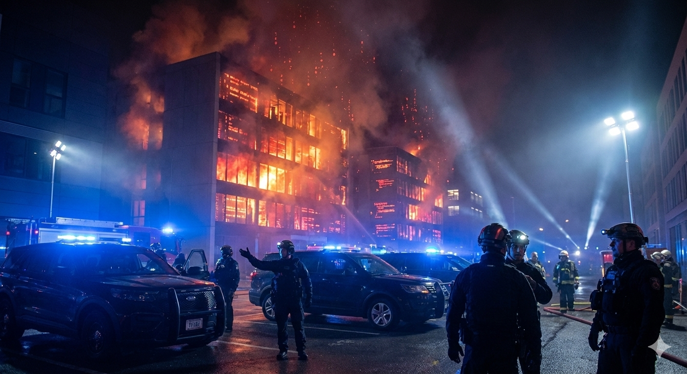 "Firefighters combat intense multi-building blaze at night with spotlights and vehicles, illustrating uncontrolled fireground chaos before command structure.