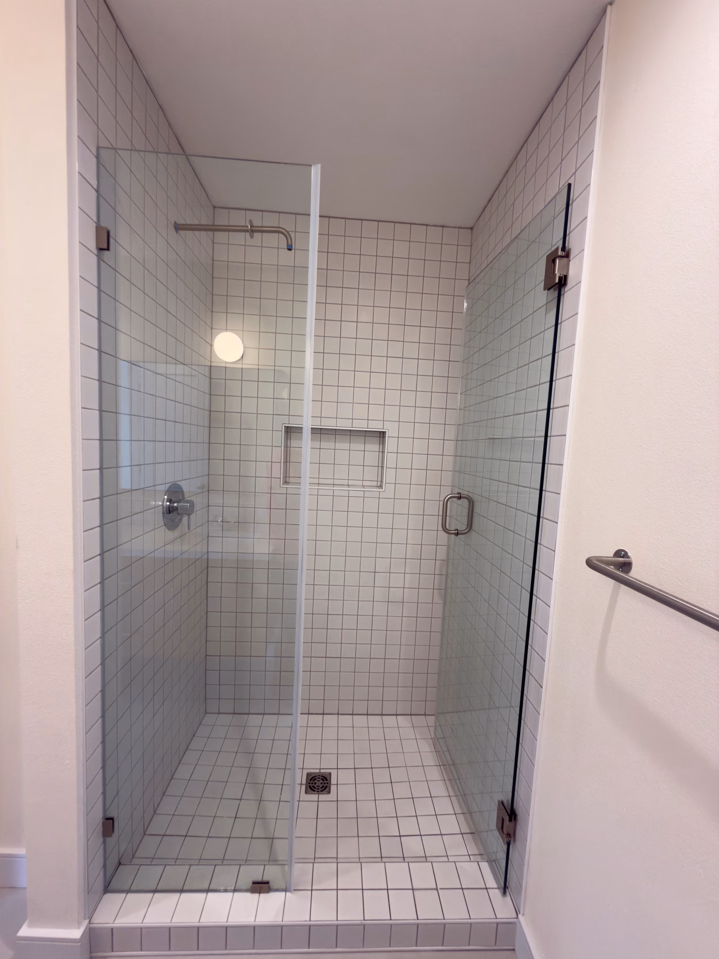 Bathroom remodel with tiled shower, glass shower door, built-in niche, shower fixtures, and tiled shower floor.