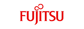 Fujitsu company logo in red with an infinity symbol over the letter J.
