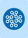 White network nodes connected in a circular pattern on a blue circle background.