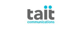 Tait Communications logo with stylized text and two blue dots above the letter i.