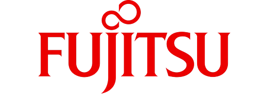 Fujitsu company logo with stylized red text and infinity symbol above the J.