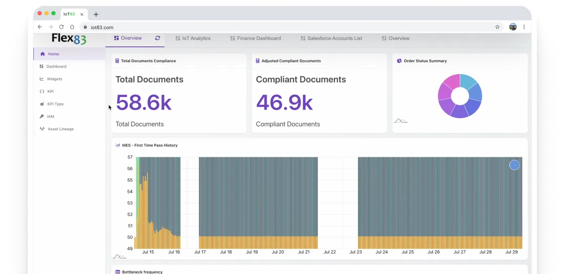 Dashboard showing total documents 58.6k and compliant documents 46.9k with charts on document compliance and order status.