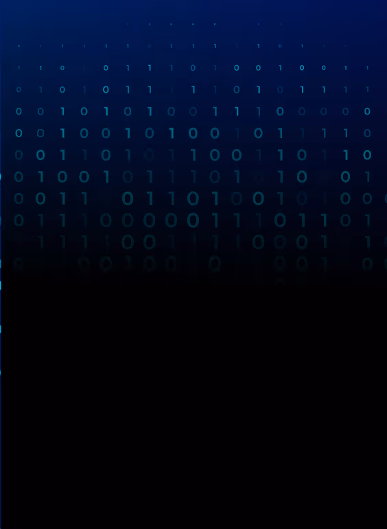 Rows of glowing binary code digits 0 and 1 on a dark blue to black gradient background.