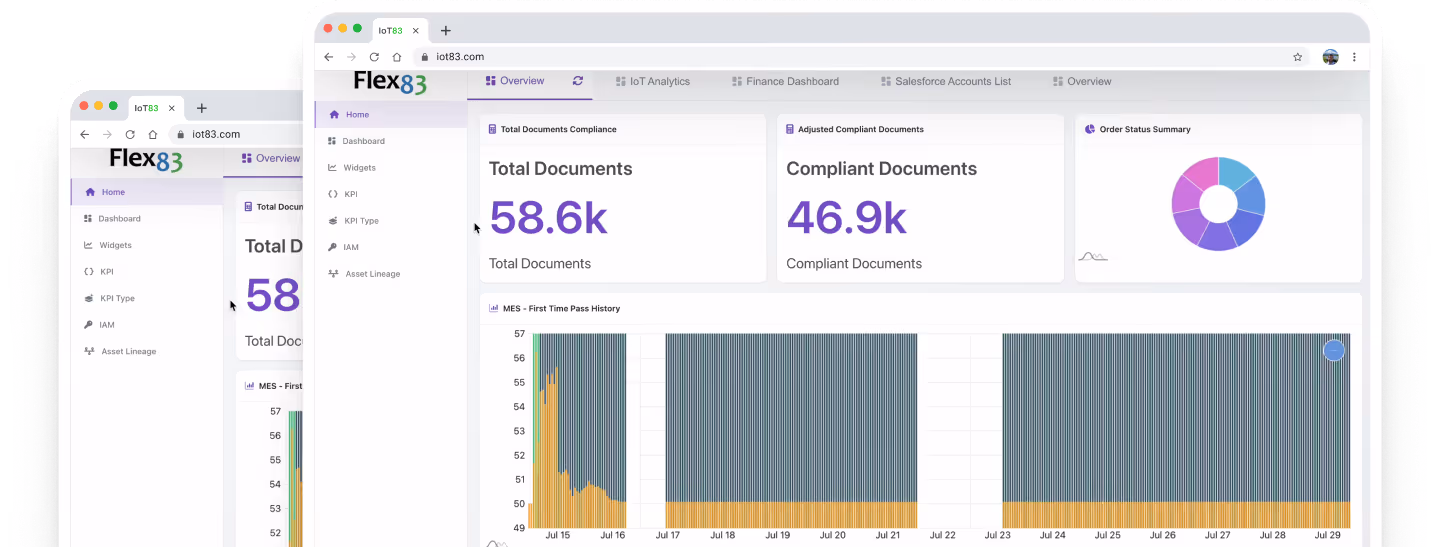 Dashboard screen of Flex83 showing total documents, compliant documents, order status summary chart, and pass history graph.