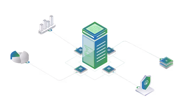 Central server connected to data charts, security shield, and processor chips representing data management and governance.