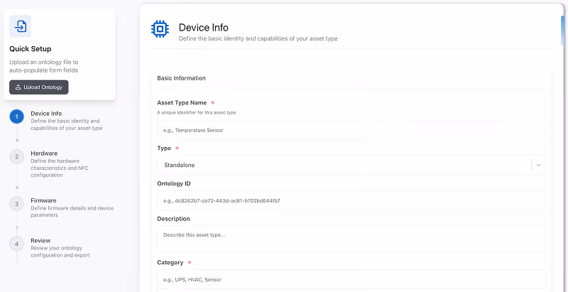 Software interface for device info setup showing fields for asset name, type, ontology ID, description, and category.