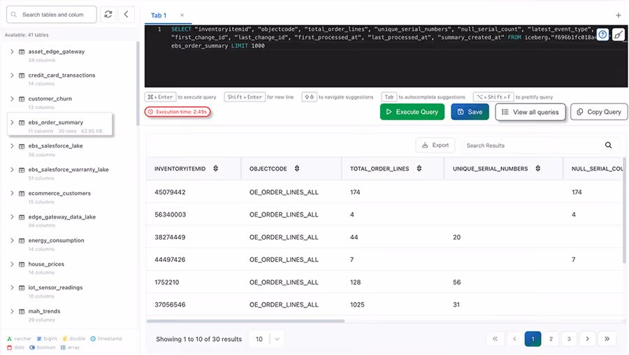SQL query interface displaying a query selecting order summary data and a results table with inventory IDs and order details.